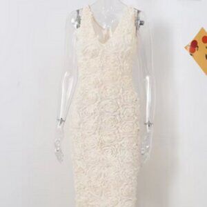 3D Flower Deep V-neck Sleeveless Split Hip Midi Dress (Fits Big!)